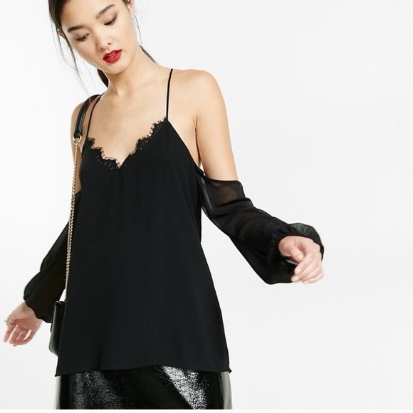 Express Chiffon Strappy Lace Cold Shoulder Blouse - Picture 1 of 5